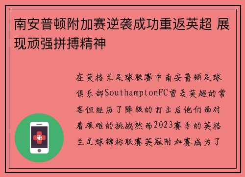 南安普顿附加赛逆袭成功重返英超 展现顽强拼搏精神 南安普顿附加赛逆袭成功重返英超 展现顽强拼搏精神